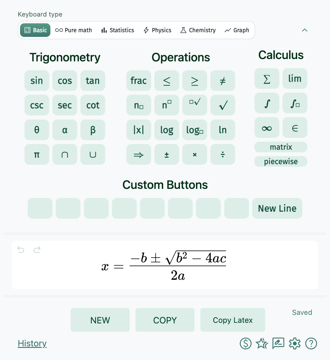 MATH Keys basic mode keyboard